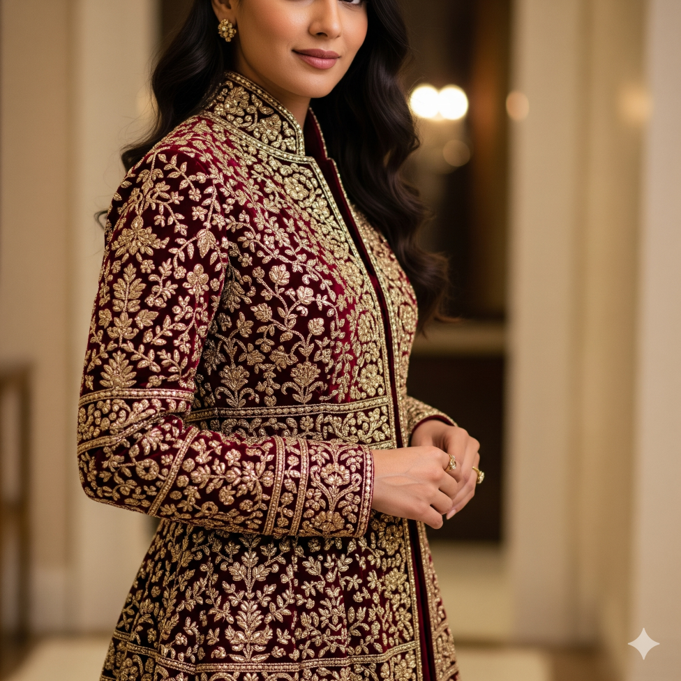 Majestic Maroon Embroidered Velvet Jacket Set